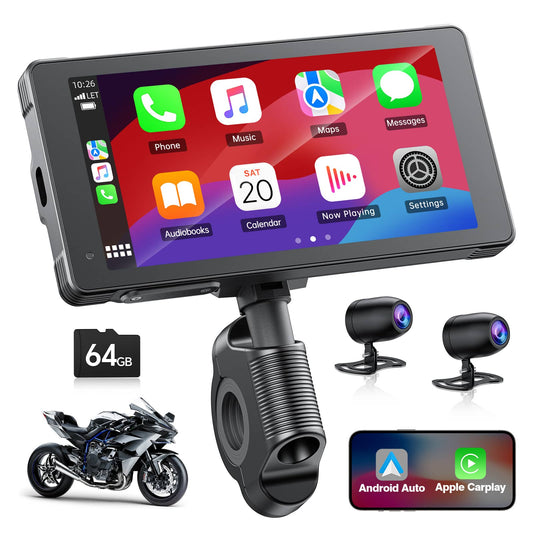 Lamtto RC12 5.5” Apple Carplay Android Car Radio for Motorcycle with Front & Rear 2K + 1080P Dash Cam