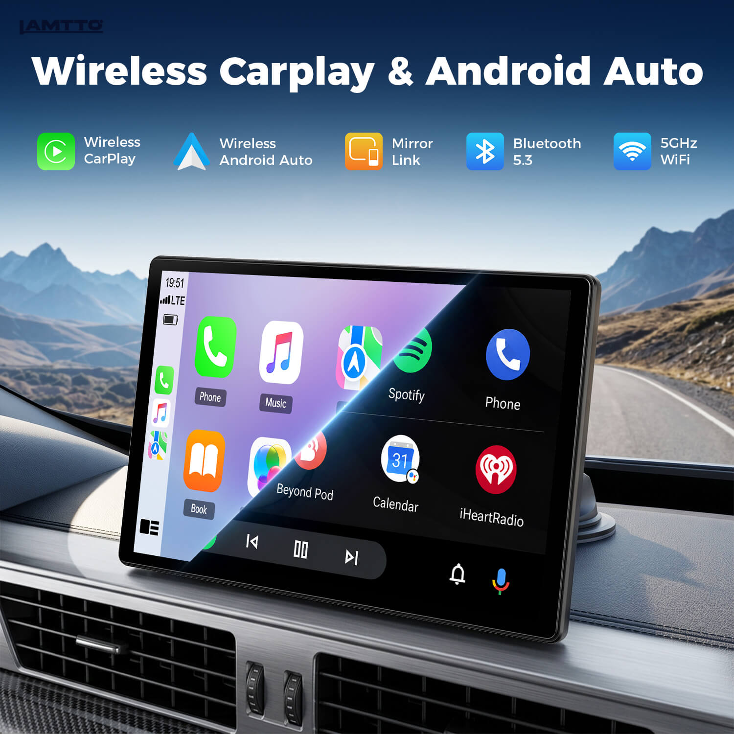 Lamtto RC37 11-inch wireless CarPlay and Android Auto screen showing split-screen navigation on a car dashboard
