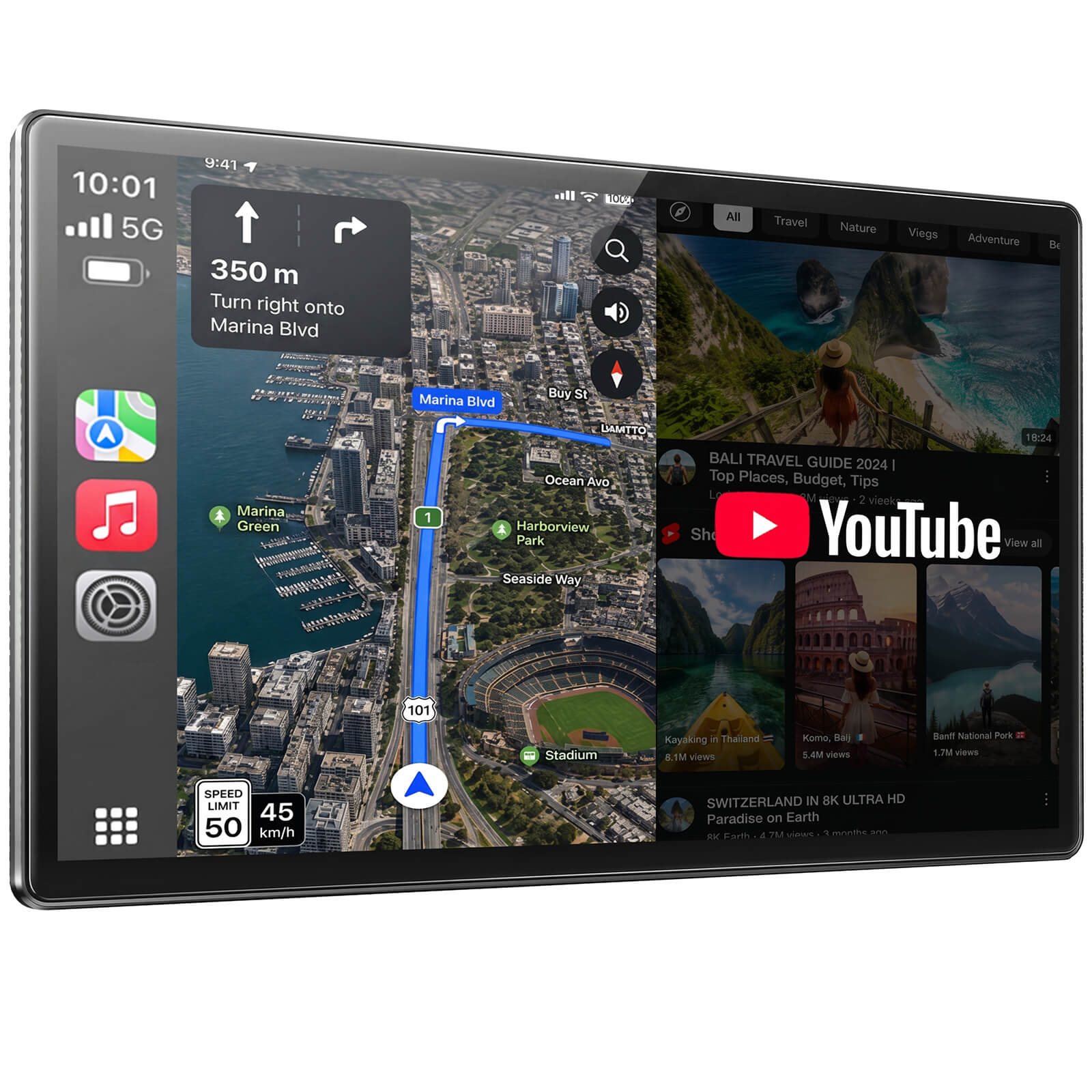 LAMTTO RC35 11" CarPlay Display with Split-Screen — GPS Navigation and YouTube on Left and Right Simultaneously