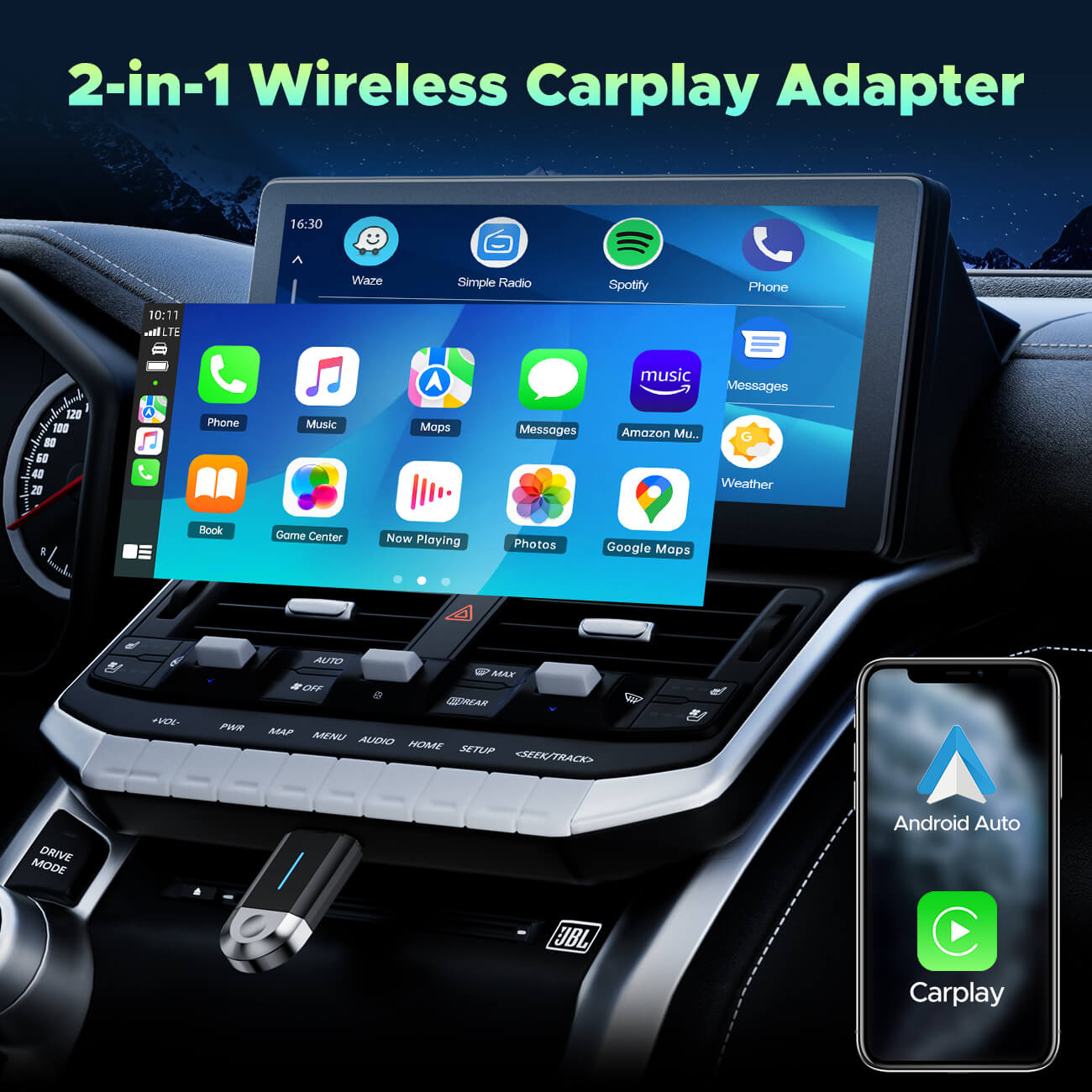 Lamtto RC20 Upgrade 2 in-1 Wireless CarPlay/Android Adapter, Converts factory-wired CarPlay/Android to Wireless, Fit for All Cars from 2016