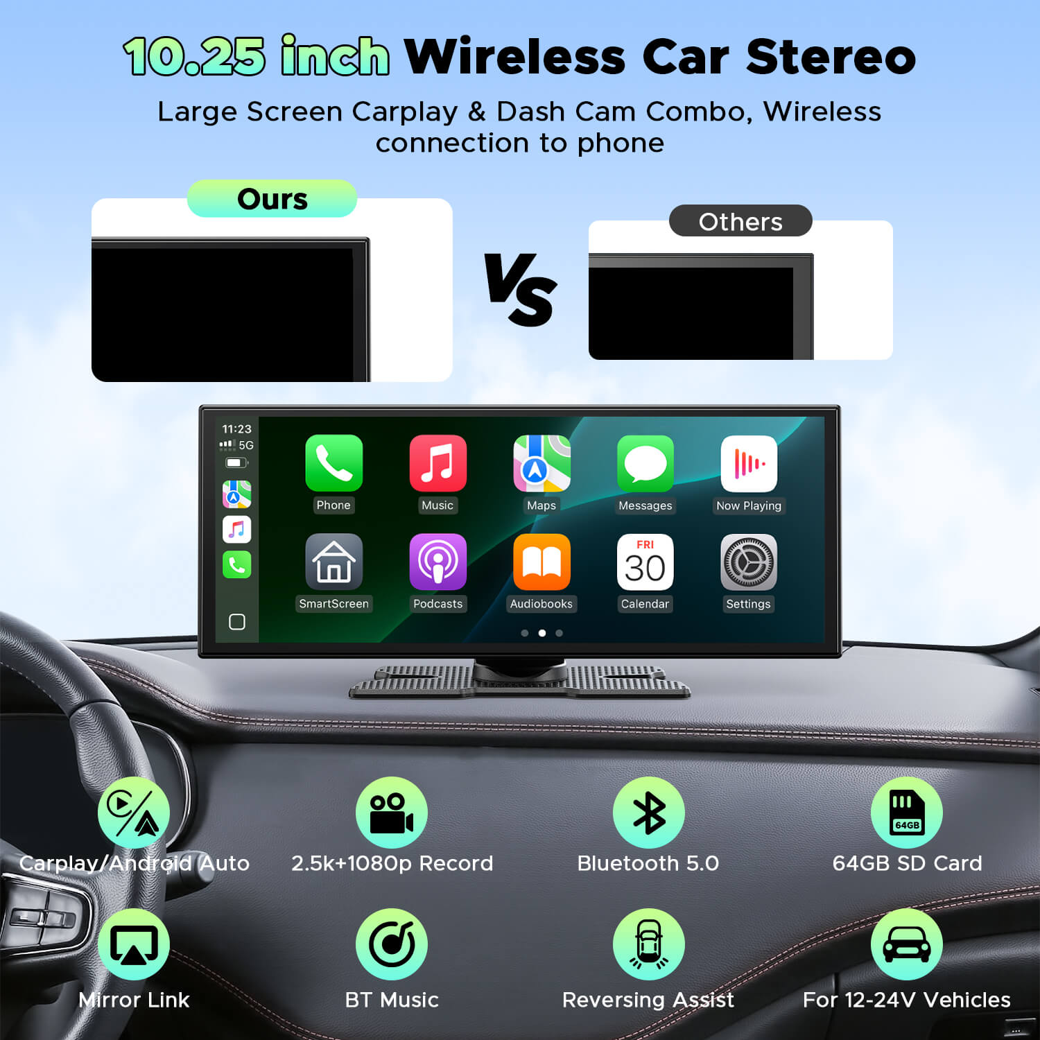 Lamtto RC28 10.25" CarPlay Display with In-Cell Touch Screen & 2.5K Dual Dashcam