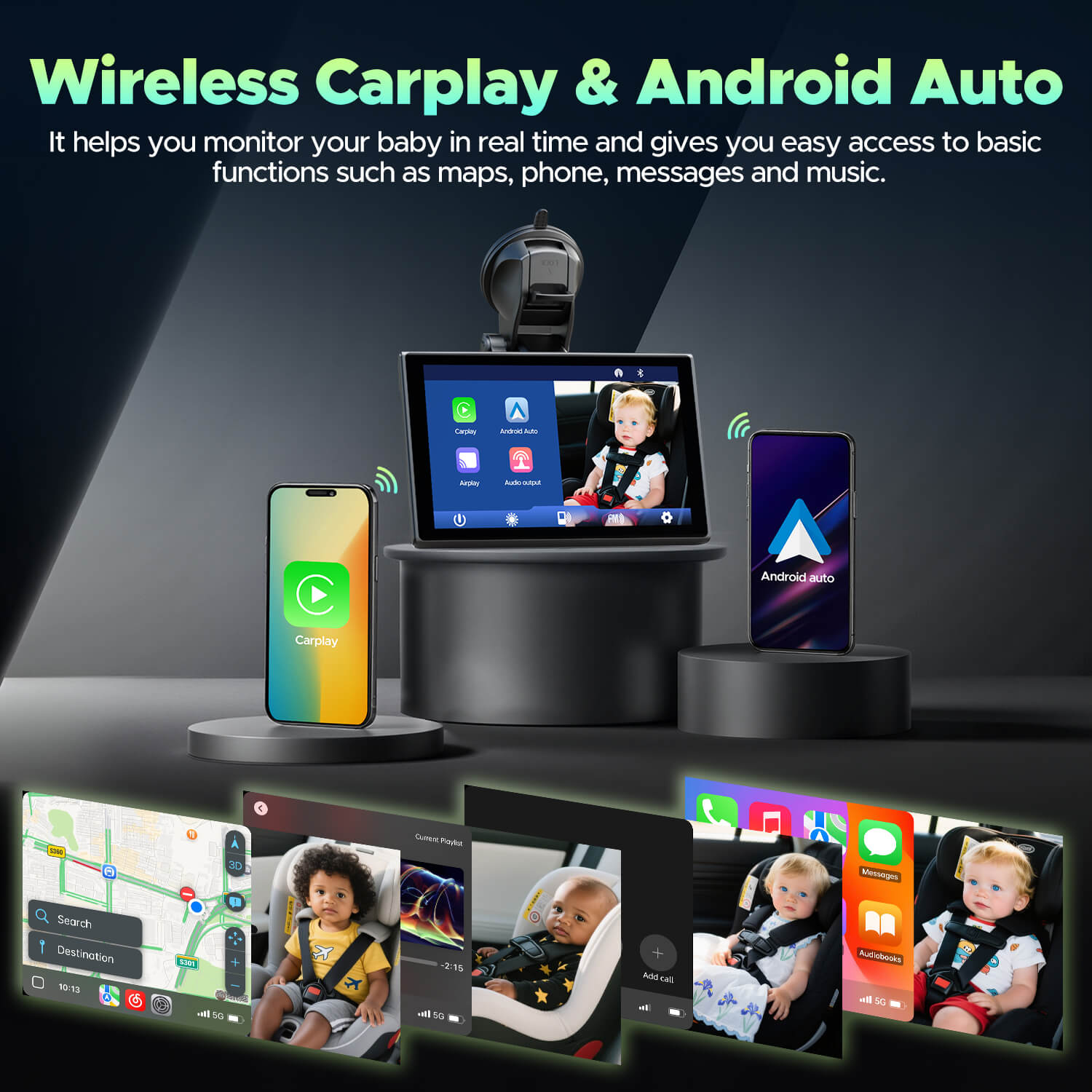 Wireless Carplay & Android Auto system with multiple devices displaying baby monitoring and connectivity features.