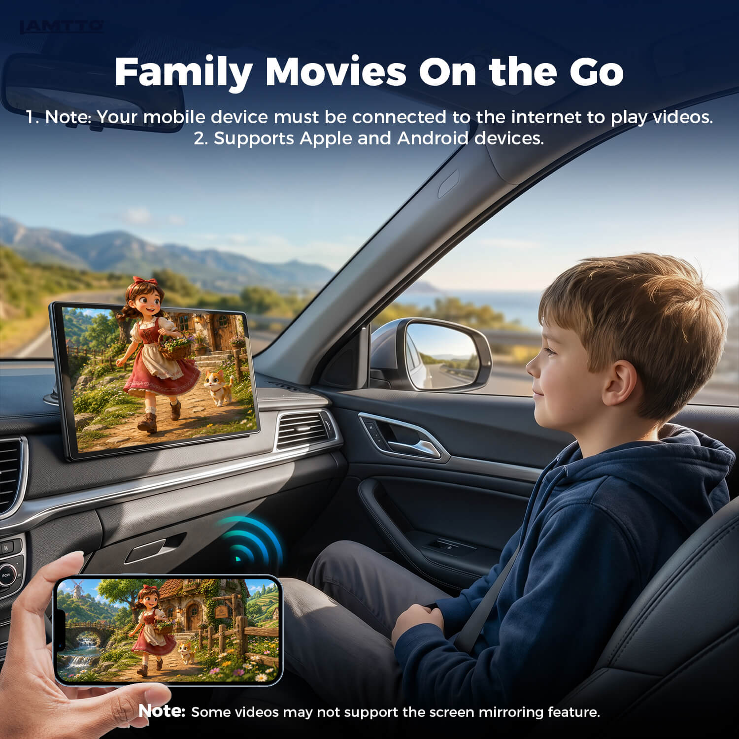 A young boy in the passenger seat watching an animated movie on the Lamtto 11-inch screen via wireless phone mirroring