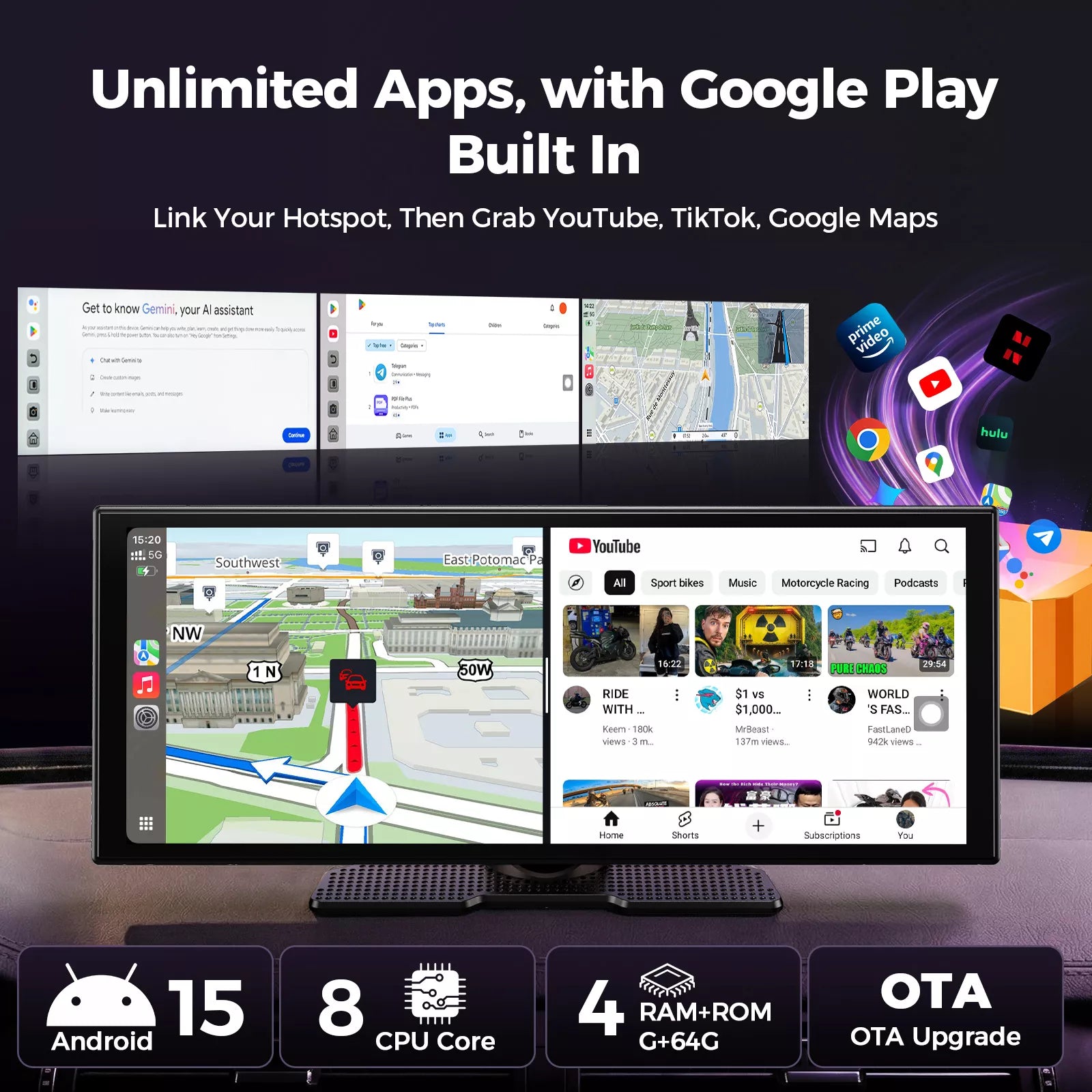 LAMTTO RC32 11’’ AI Wireless CarPlay with Google Play & Gemini AI Display for Road Trip Entertainment