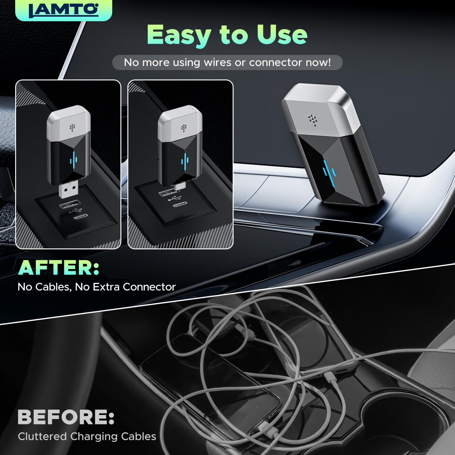 Lamtto RC22 2 in 1 Wireless Adapter Converts Wired to Wireless for Cars, Plug & Play, iOS 10+ & Android 12+