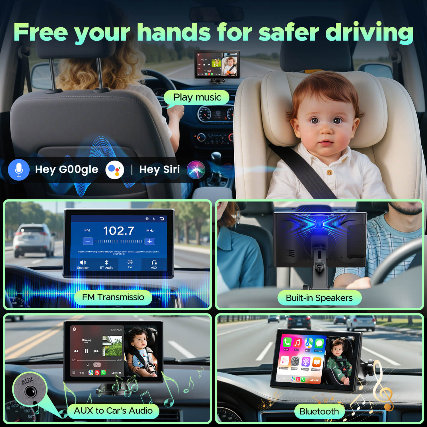 Collage of a car interior with a tablet displaying various functions like music, navigation, and entertainment.