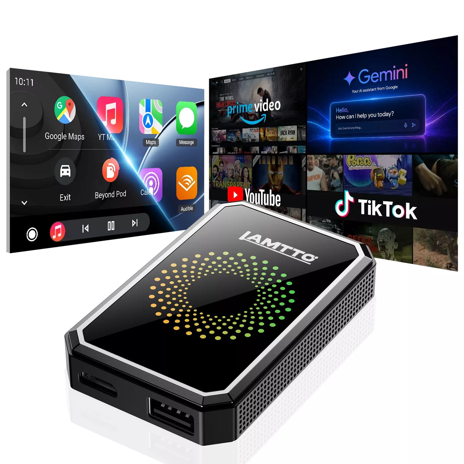 LAMTTO RC23 CarPlay adapter box and included cables
