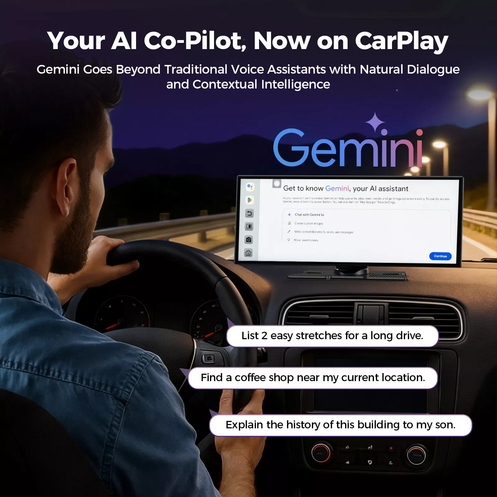 LAMTTO RC32 11’’ AI Wireless CarPlay with Google Play & Gemini AI Display for Road Trip Entertainment