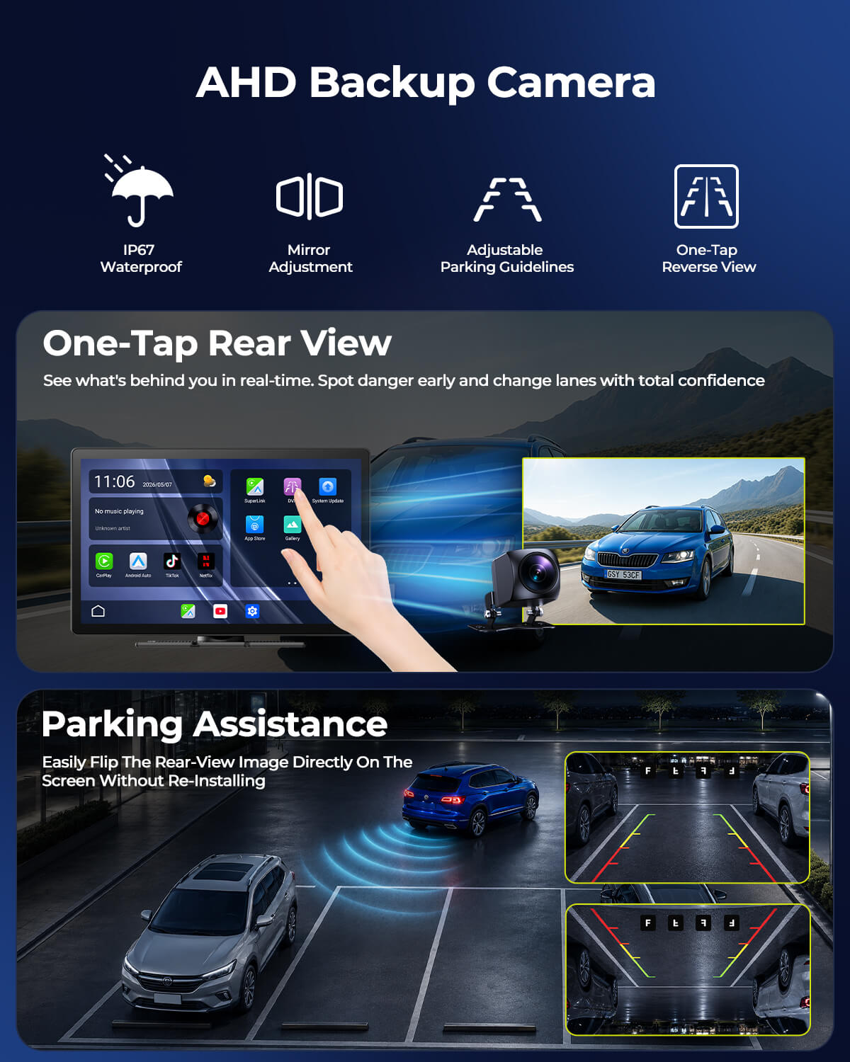 LAMTTO RC35 AHD 1080P Backup Camera — IP67 Waterproof, One-Tap Reverse View, Mirror Adjustment, Adjustable Parking Guidelines, CarPlay Android Auto Touchscreen Integration