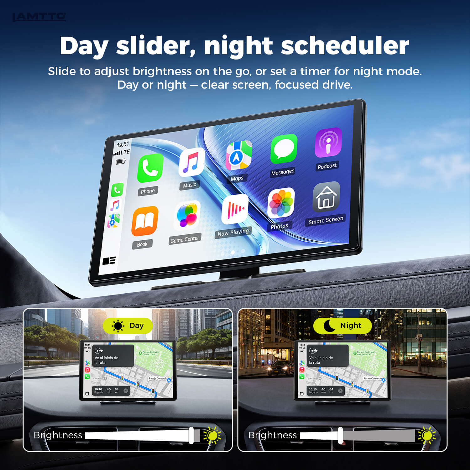 Lamtto RC37 day and night auto-dimming mode scheduler with slider to adjust high brightness on the dashboard monitor