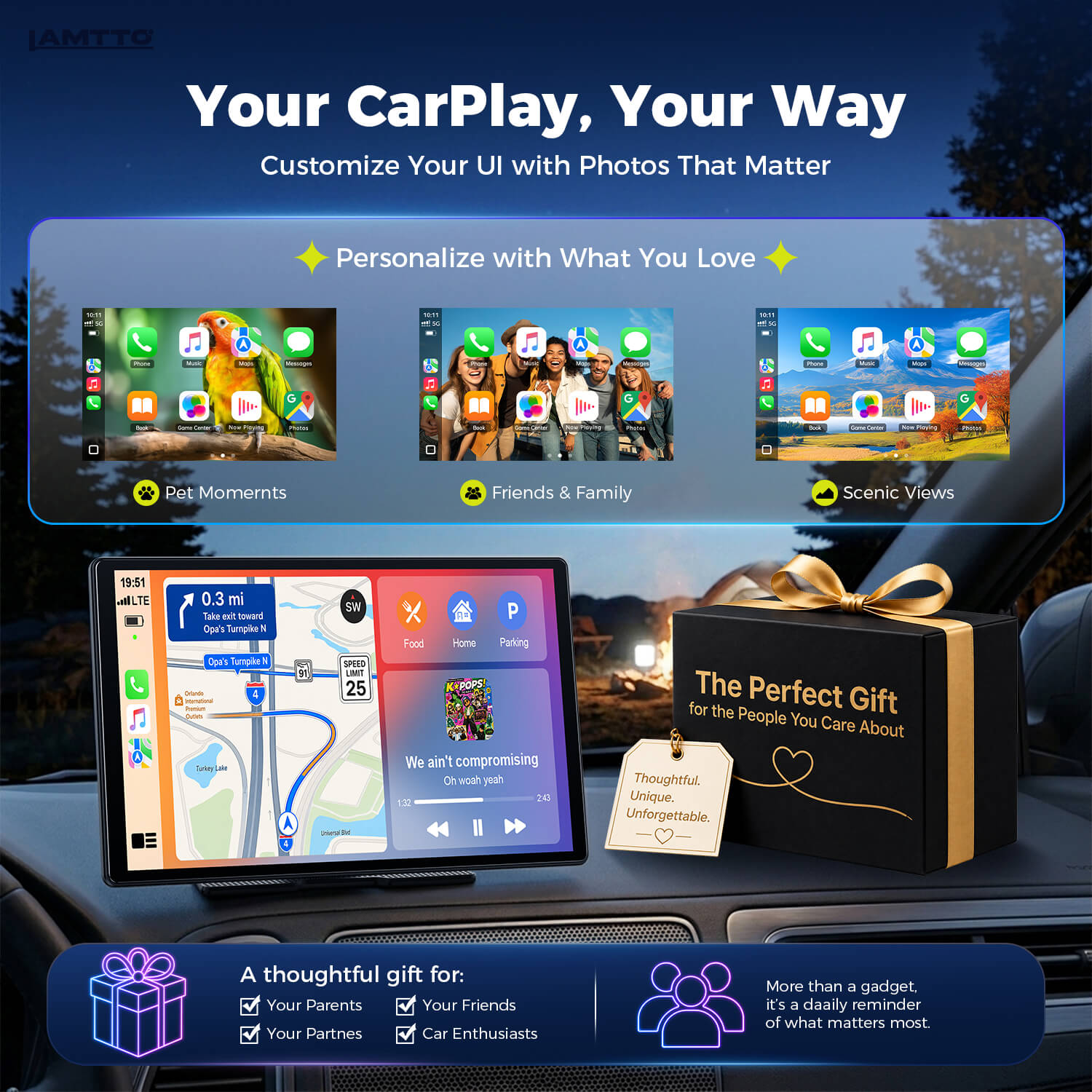 Lamtto RC37 smart display customizable UI with family photos next to a premium gift box labeled the perfect gift