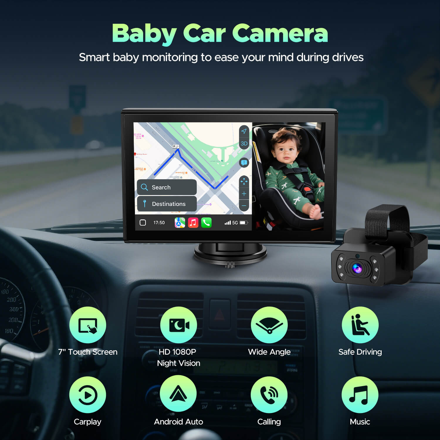 Baby car camera system with screen displaying a child in a car seat and various features highlighted.