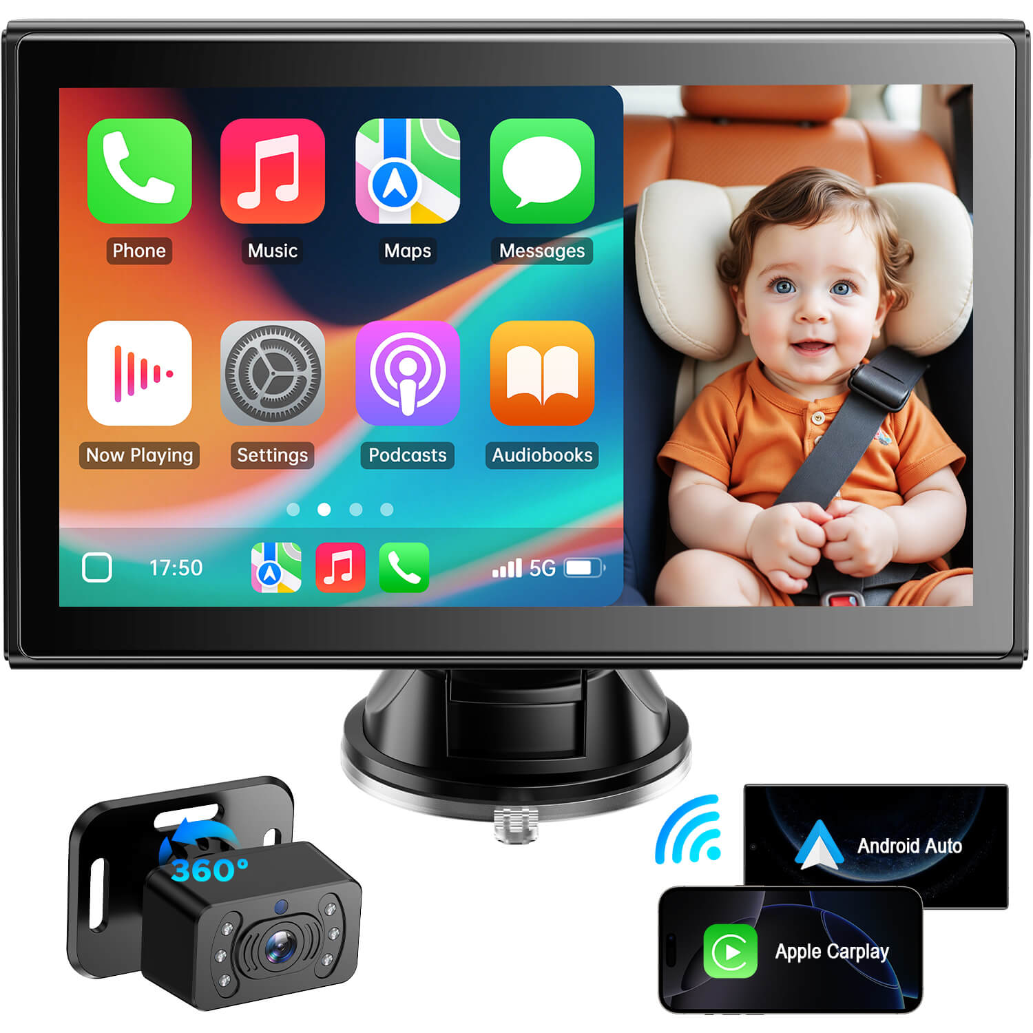 Car monitor with app icons and a child in a car seat, featuring a camera and connectivity icons.