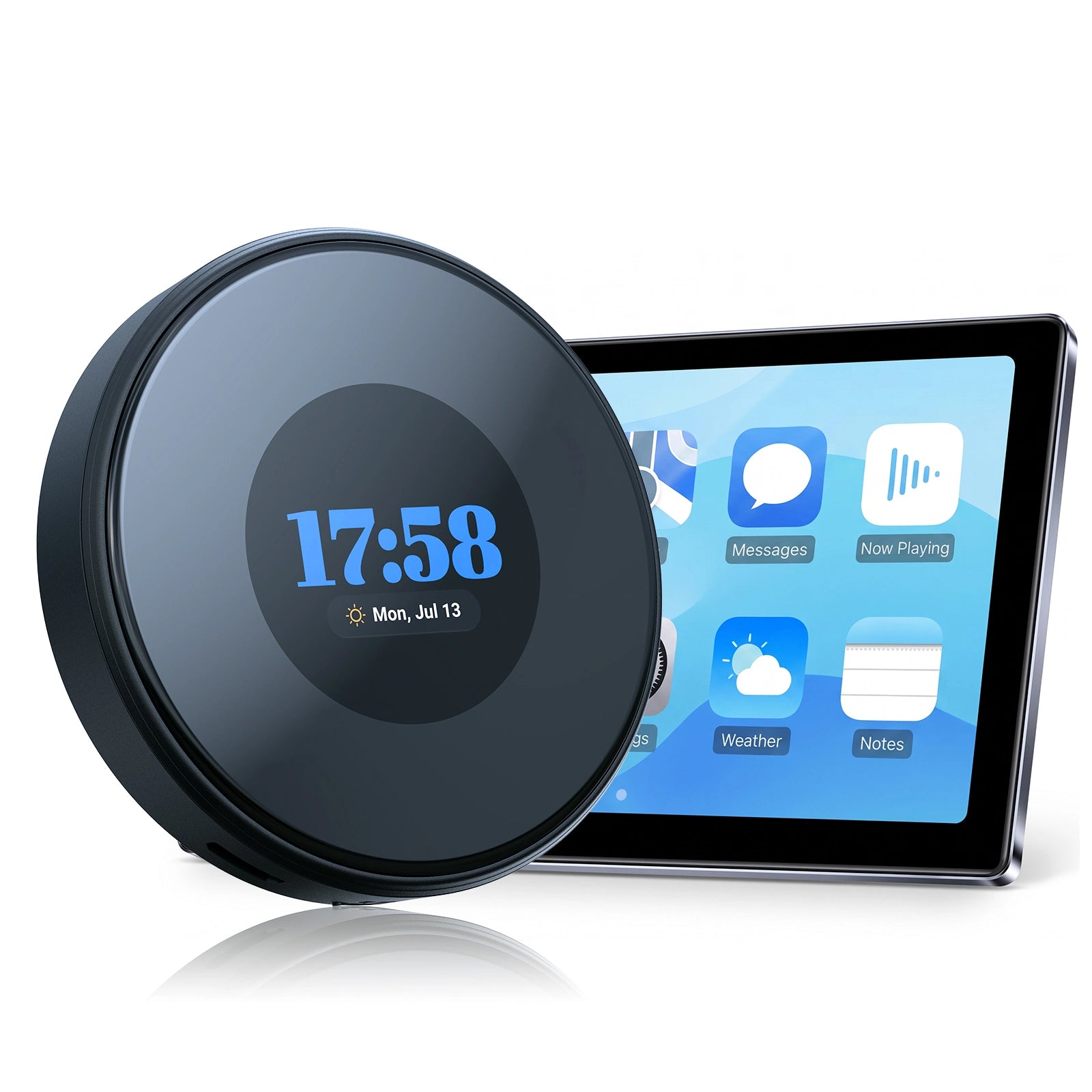 LAMTTO RC31 wireless Android 15 CarPlay AI adapter next to a smart car touchscreen display