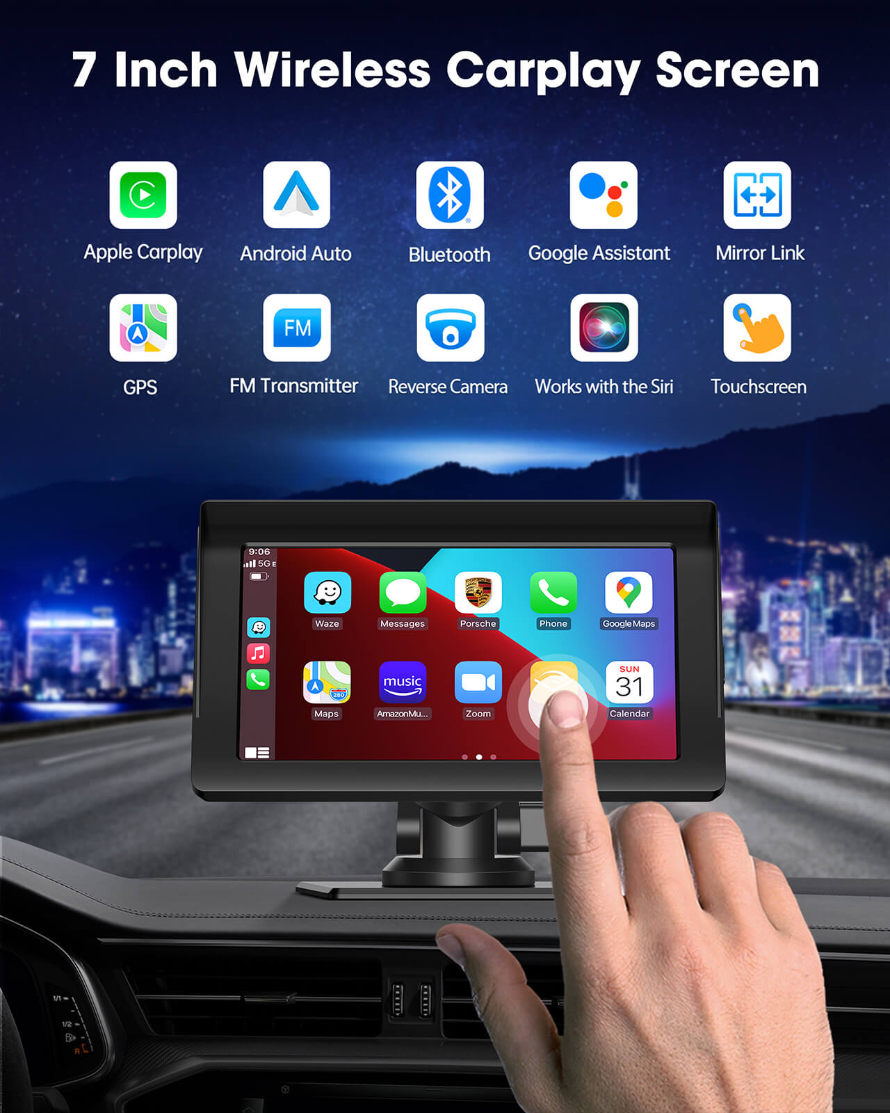 Lamtto RC04 7'' Wireless Apple Carplay & Android Auto for Car Stereo With  1080P Backup Camera